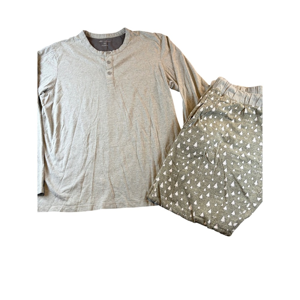Eddie Bauer Mens Pajama Set Medium Grey Henley Top Olive Tree Print Pants 2pc